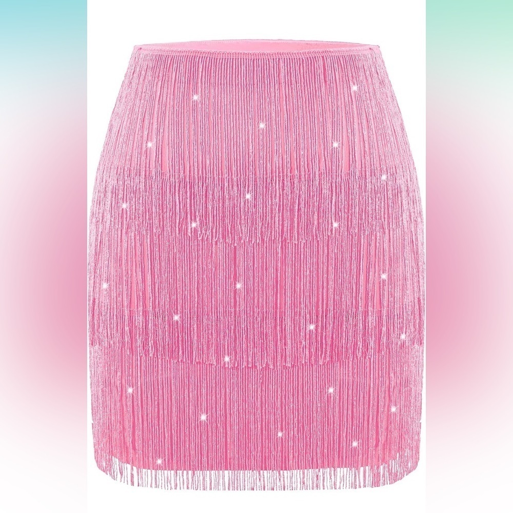 MANER Fringe Skirt Stretchy Sparkly Tassel Mini Skirt Pink Pony Club Swiftie